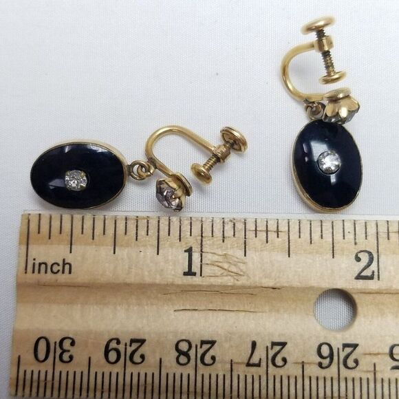 Vintage Van Dell Gold Filled Black Dangle Clip On Earrings Rhinestone Center - Picture 5 of 7